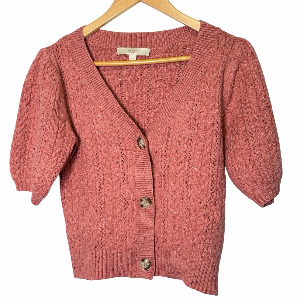 LOFT Flecked Stitchy Puff Sleeve Cardigan in Withered Rose, Size XS NWOT